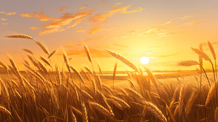 Obraz premium Wheat field bathed in the warm glow of sunset