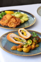 fried chicken schnitzel, food background, serving food, rustic plate, restaurant menu 