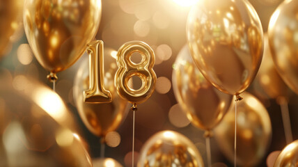 Golden balloons marking 18th birthday amidst a festive backdrop.
