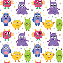Seamless pattern with cute monsters. Vector backdrop with different cartoon characters in flat style