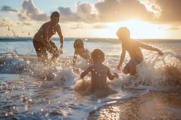 A family playing and laughing on the beach, building sandcastles and splashing in the waves.
