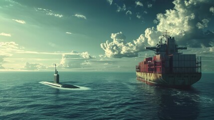 a container cargo ship sailing in the vast ocean escorted by a submarine militar - obrazy, fototapety, plakaty