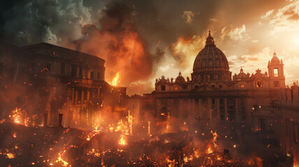 Apocalyptic scene with historical buildings aflame, symbolizing destruction and chaos. - obrazy, fototapety, plakaty