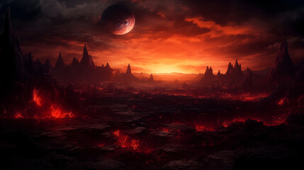 Fiery Twilight: Forest Blaze against Sunset Skyline - obrazy, fototapety, plakaty