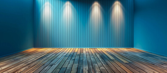 empty modern room of blue blinds wall and wooden floor background