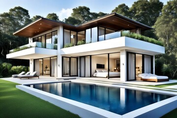 Fototapeta premium Design of a modern villa house with open plan living and private bedroom wing large terrace and privacy