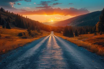Fotobehang A scenic road stretches ahead, disappearing into the golden hues of sunset against a mountain backdrop © Jelena