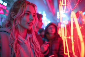 Young woman with a contemplative look in a neon-lit urban night setting