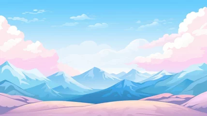 Gordijnen cartoon landscape featuring majestic mountains, a calm lake, and a colorful sky at sunset © chesleatsz