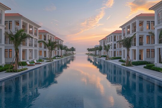 Luxury Resort with Reflection in Water at Sunset