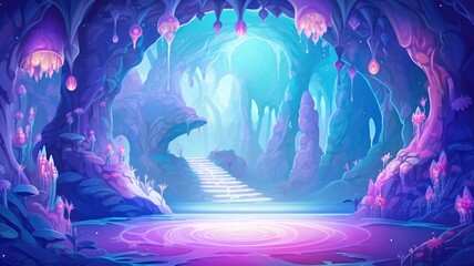 magical cave with glowing crystals and serene pools, radiating a mystical charm