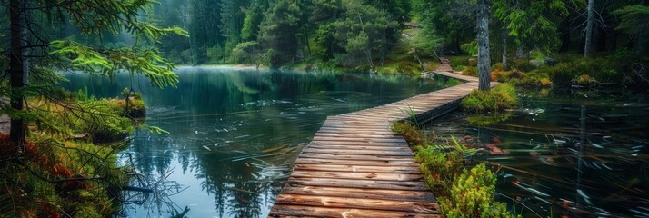 Wooden Trail near Lake, Wood River Path Landscape, Old Water Bridge, Pond Touristic Wooden Pathway