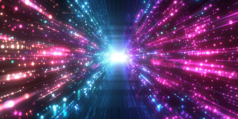 Naklejka premium pink, blue, purple light rays from the center of an explosion moving high speed, abstract futuristic background portal tunnel with blue and teal cyberpunk colors on a black background
