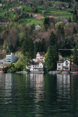 Waterview on Swiss village, house or castle near Lucerne, Switzerland.