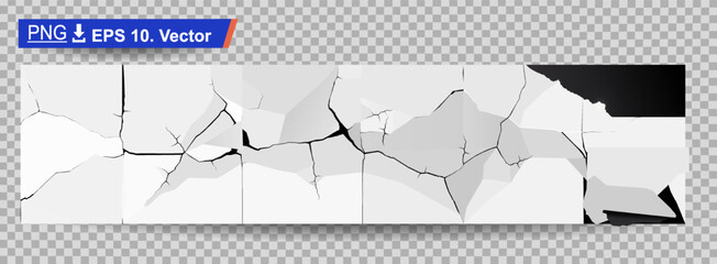 Realistic cracks on the ground or wall. Pattern with cracks. Texture of cracks and breaks. Black cracks on a transparent background. Vector illustration