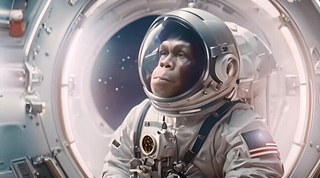 Chimpanze astronaut in spaceship, galaxy exploring