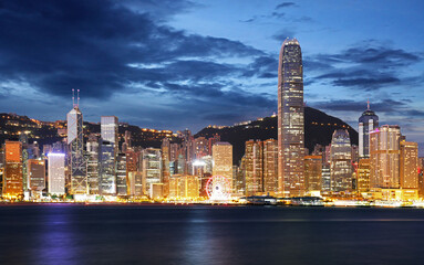 Hong Kong at night, Financial downtow with skyscrapers
