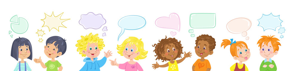 Pairs of happy children of different nationalities are talking. Banner with speech bubbles. Place for text. Isolated on white background. Vector flat illustration.