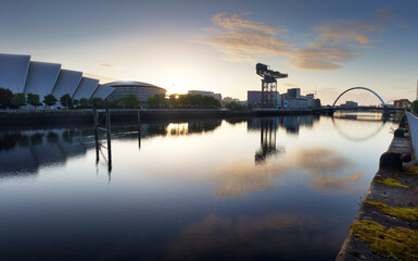 Glasgow skyline panorama at sunrise over river Clyde, Scotland - 762134144