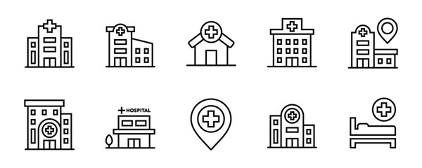 medical hospital and clinic buildings icon line set health care construction business medic aid cross vector outline sign illustration