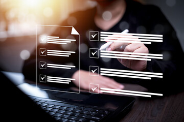 checklist and clipboard task documentation management, business people working laptop checklist...