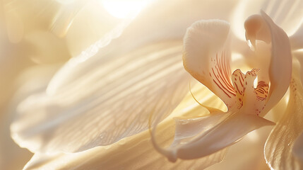 Macro photography of a cream-colored orchid flower, the texture and veins of the petals, focus on the phalaenopsis core, sunlight reflecting from the surface of the petals, for wallpaper, background  - obrazy, fototapety, plakaty