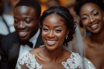 A delighted bride and groom share a joyous moment with cheerful wedding guests at their side