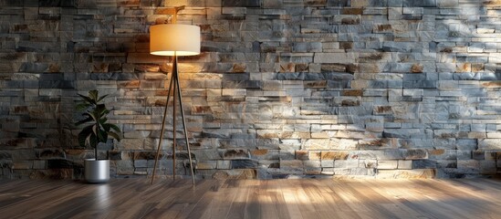 Modern decor with a lamp and wooden floor, stone wall theme. Ideal interior setting for home, office, or hotel.