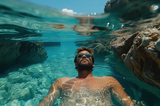 The image captures a man swimming in clear waters, with the underwater world and rocky edges