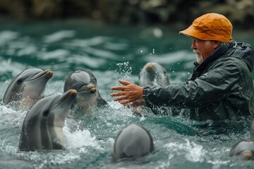 An endearing moment as a person reaches out to touch a dolphin, showcasing a unique human-animal interaction in the ocean