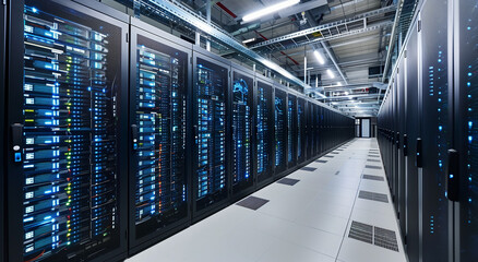 Photo of a high technology data center with rows of servers and advanced cooling systems 