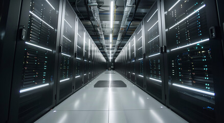 Photo of a high technology data center with rows of servers and advanced cooling systems 