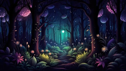 cartoon Enchanted forest path under moonlight, with whimsical trees and glowing flora - obrazy, fototapety, plakaty