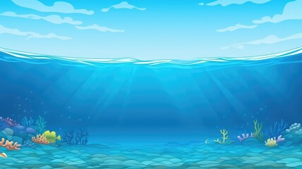 Obraz premium cartoon underwater scene with lively corals, rocks, and fish in clear blue waters