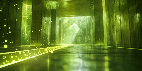 Fotobehang Viele wunderschöne grüne leuchtende Elemente in 3D als Hintergundmotiv im Querformat für Banner, ai generativ © www.freund-foto.de