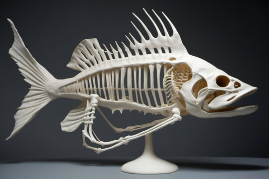 Papier mache fish skeleton figurine. Digital illustration.
