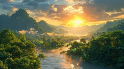Dense tropical forest and a river slowly flowing through the jungle. The morning rays of the sun penetrate through the dense branches and foliage. - obrazy, fototapety, plakaty