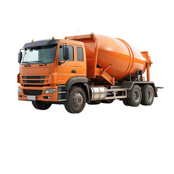 Orange cement mixer truck isolated on black background.