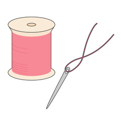 ピンク色の糸と針。手芸や裁縫をイメージした、主線ありのベクターイラスト。
