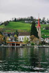Waterview on Swiss village, house or castle near Lucerne, Switzerland.