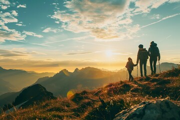 A family hiking in the mountains, surrounded by breathtaking scenery and fresh air. - obrazy, fototapety, plakaty