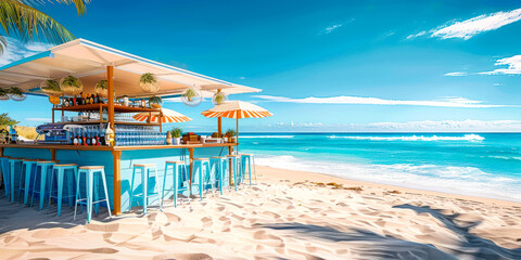 Idyllic beach bar with stools and umbrellas on sandy shore offering a tranquil place for relaxation and socializing with a view of the ocean horizon - obrazy, fototapety, plakaty
