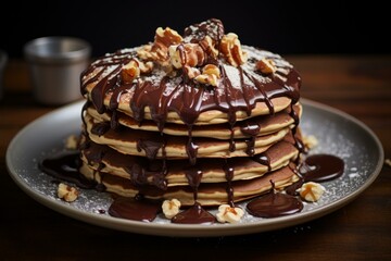 Decadent Pancakes with honey and chocolates. Butter dessert. Generate Ai