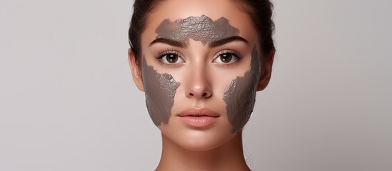 A woman with a clay mask covering her face, accentuating her nose, cheeks, jawline, and lashes. Her hair is pulled back and she is smiling, creating an artistic gesture - obrazy, fototapety, plakaty