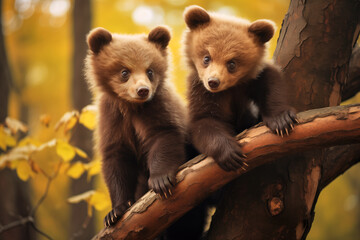 Curious Bear Cubs Exploring Autumn Forest - obrazy, fototapety, plakaty