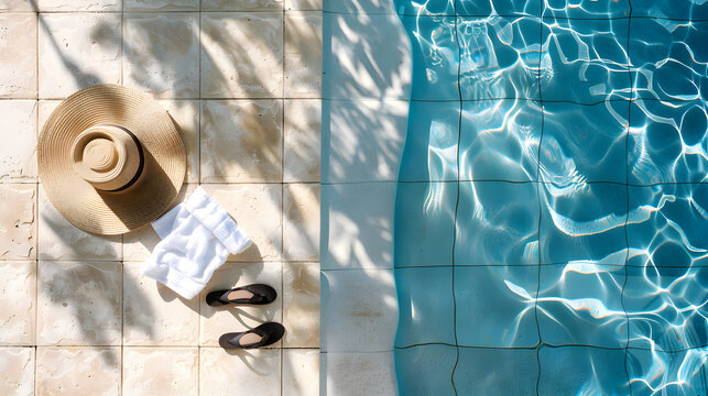 A top view of a pool deck with a towel, flip - flops, and a sunhat casting distinct shadows on the tiles.