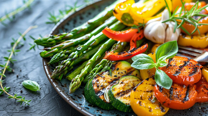 grilled vegetables. It includes green asparagus spears, some with char marks from grilling, slices of yellow and orange bell peppers, also with grill marks, a piece of garlic with exposed cloves - obrazy, fototapety, plakaty