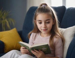 A young girl is reading a book on a couch. She is wearing a white sweater and has long brown hair.