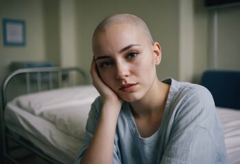 A sad upset woman with a bald head and a grey hoodie. She has a small scar on her face. Cancer concept. Hospital.