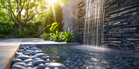 Waterfall in the garden with sunlight and bokeh background.copy space,banner - obrazy, fototapety, plakaty